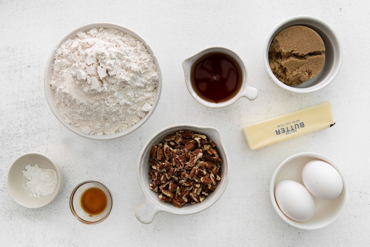 overhead view of ingredients for maple pecan biscotti.