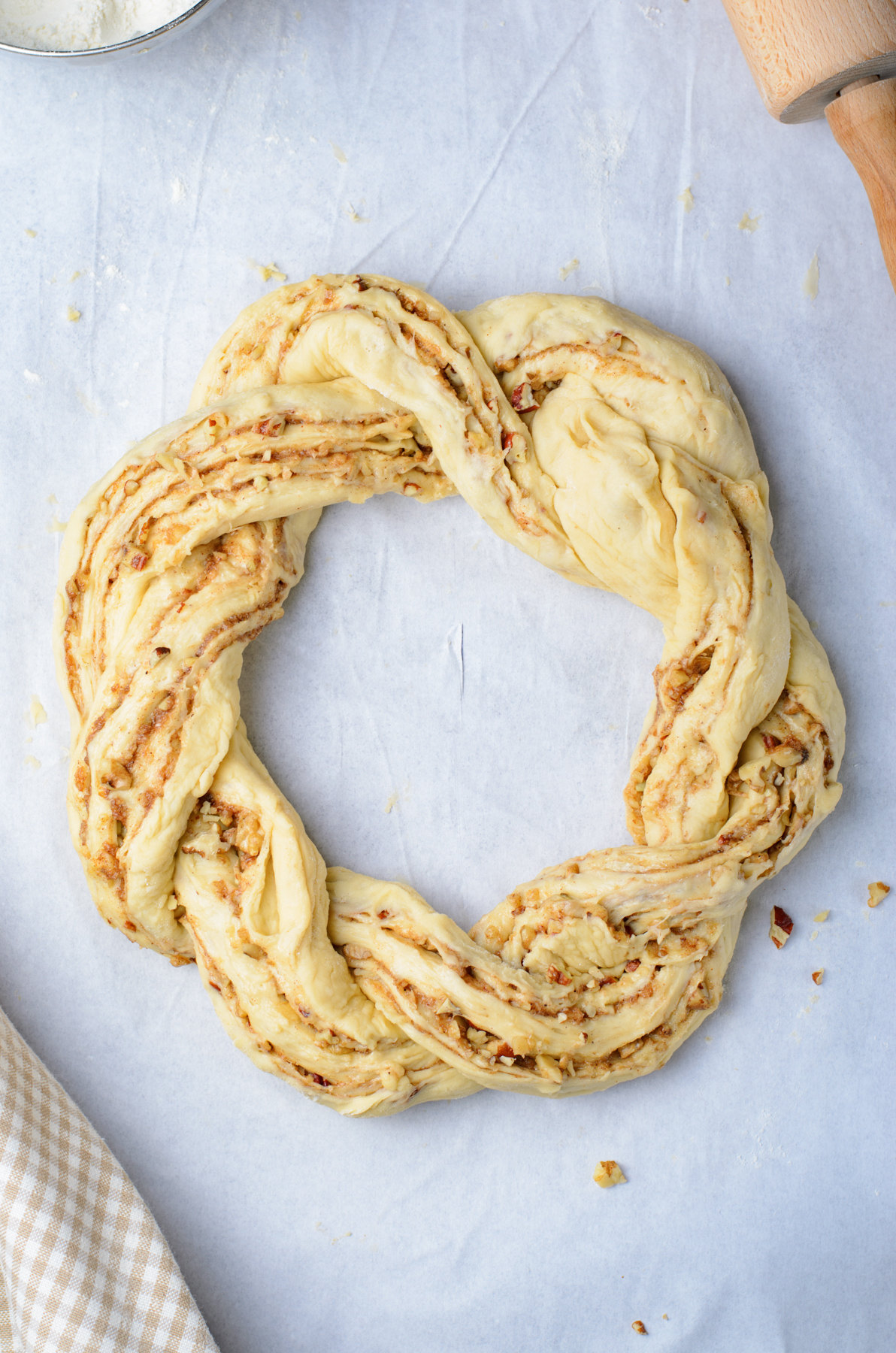 bread dough braided into a wreath shape