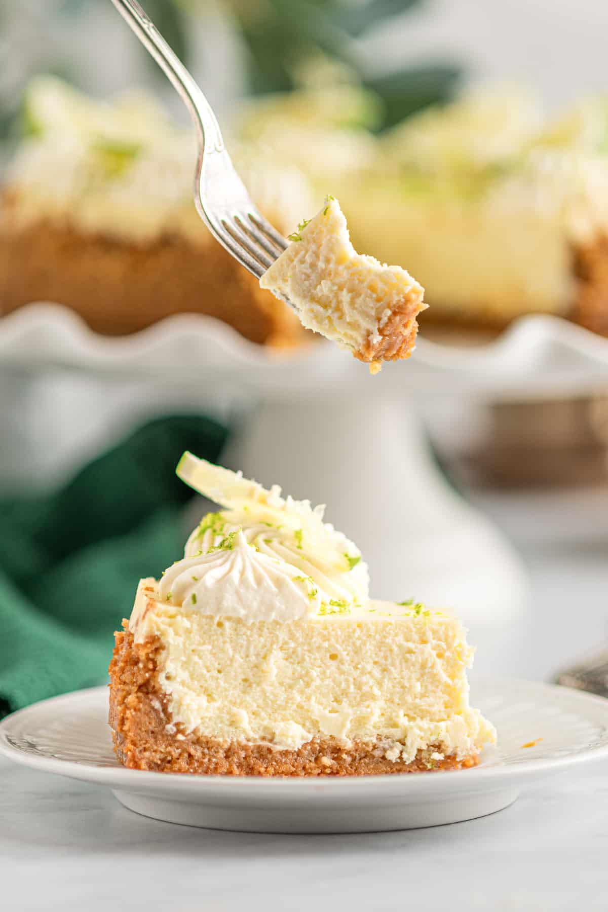 a slice of key lime cheesecake viewed from the side