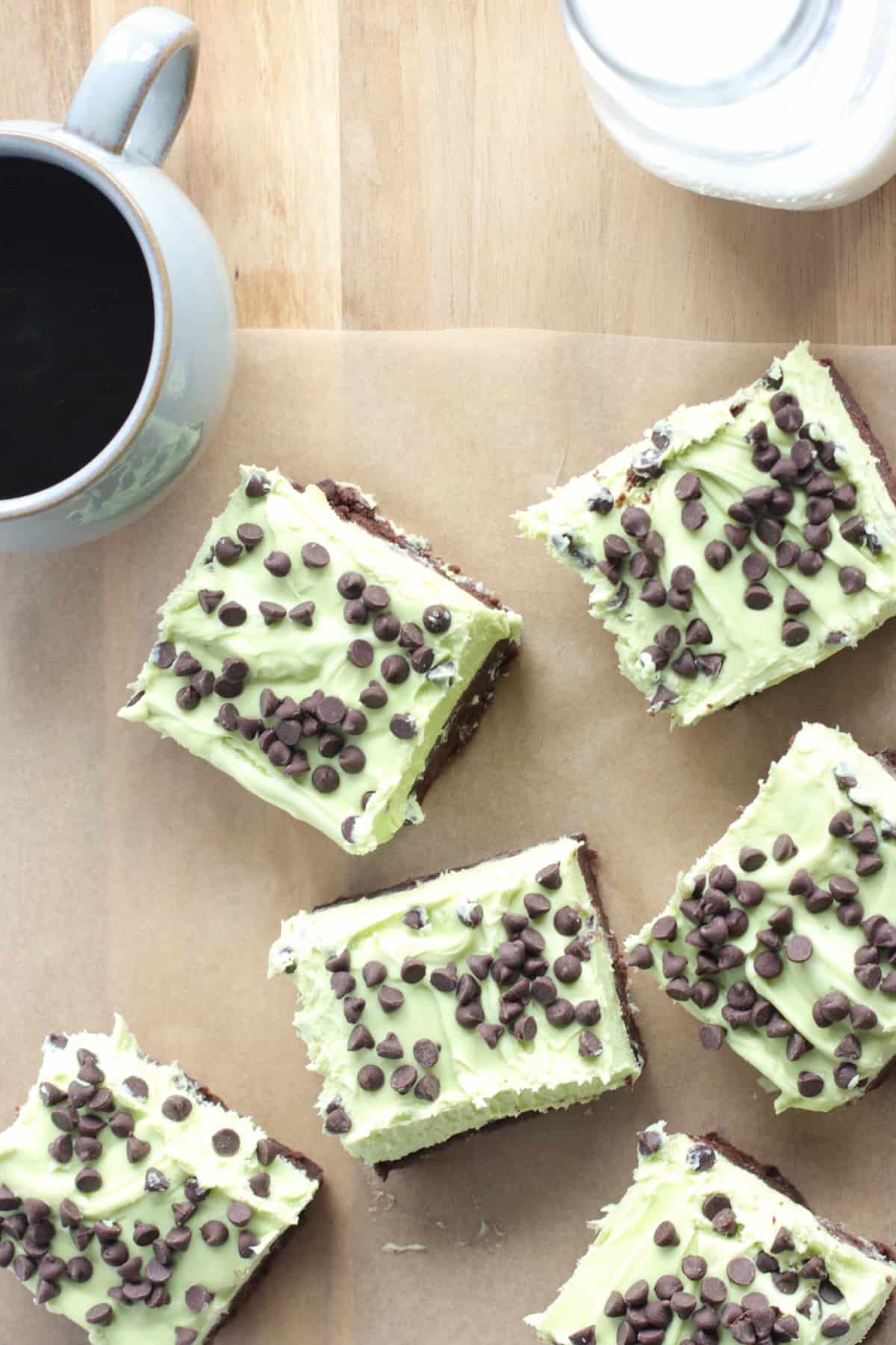 overhead view of mint chocolate chip brownies on a table