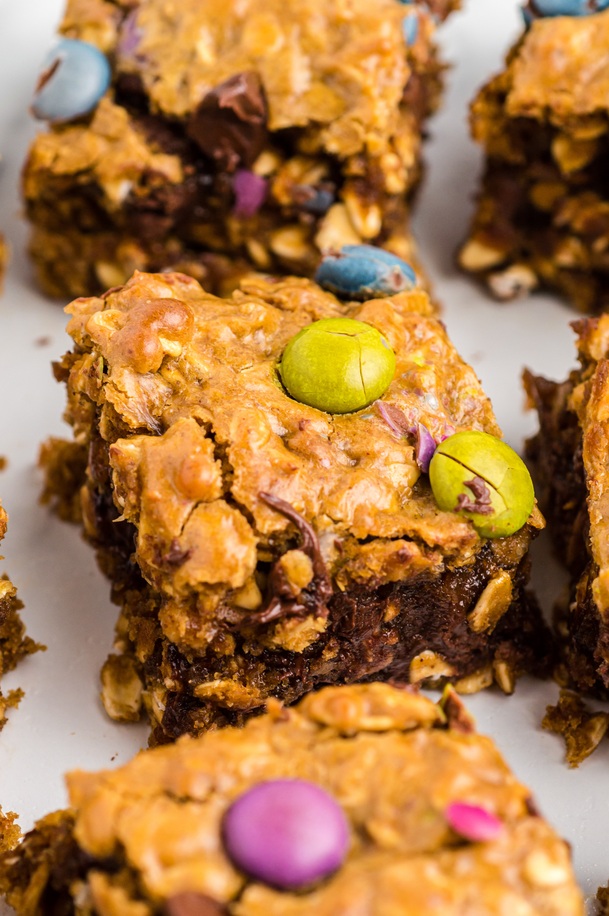 close up on monster cookie bars