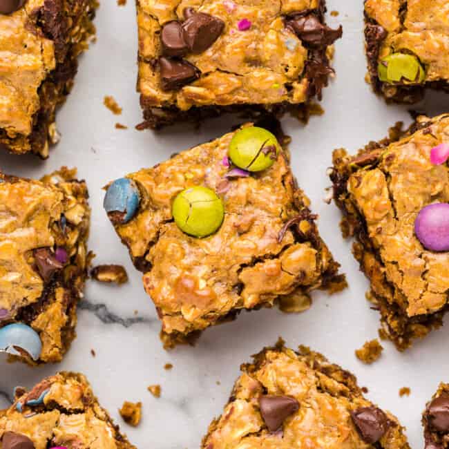 monster cookie bars cut into squares