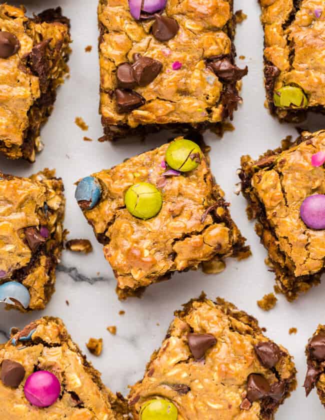 monster cookie bars cut into squares