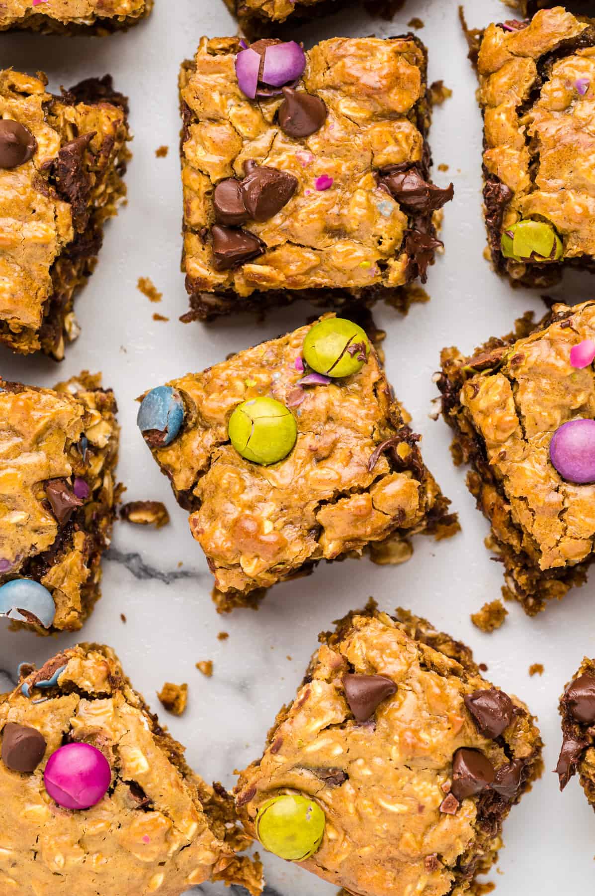 monster cookie bars cut into squares