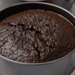 a baked chocolate cake in a cake pan.