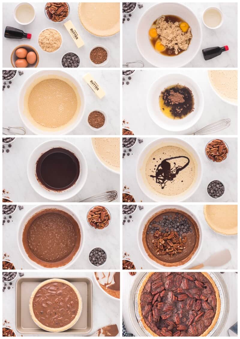 step by step photos for how to make chocolate pecan pie.