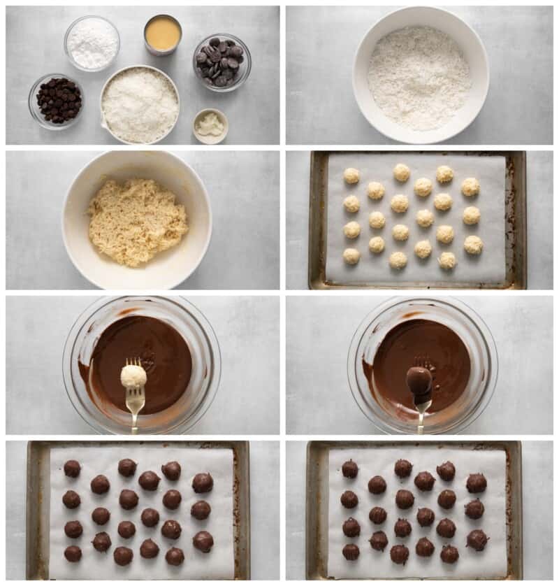 step by step photos for how to make coconut truffles.