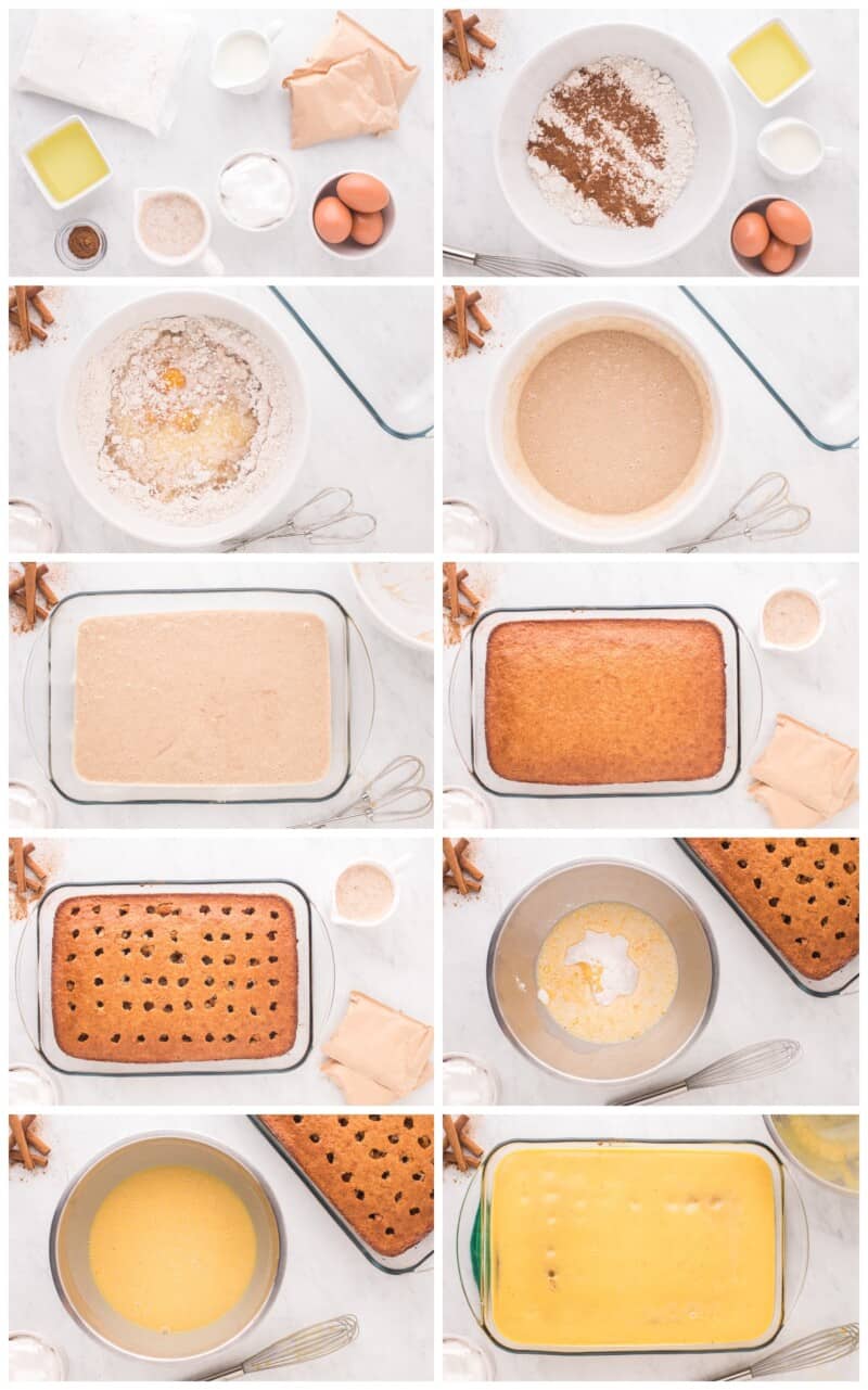 step by step photos for how to make eggnog poke cake.