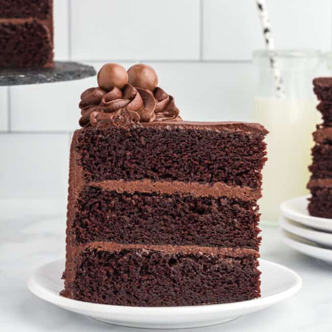 side view of a slice of chocolate fudge cake on a white plate.