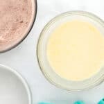 wet ingredients for cake batter in a glass bowl.