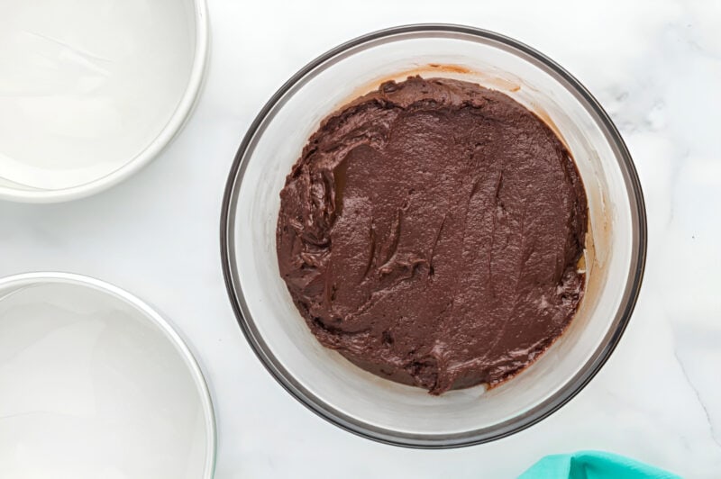 chocolate cake batter in a glass bowl.
