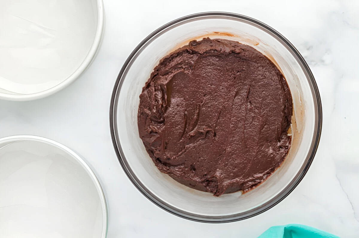 chocolate cake batter in a glass bowl.