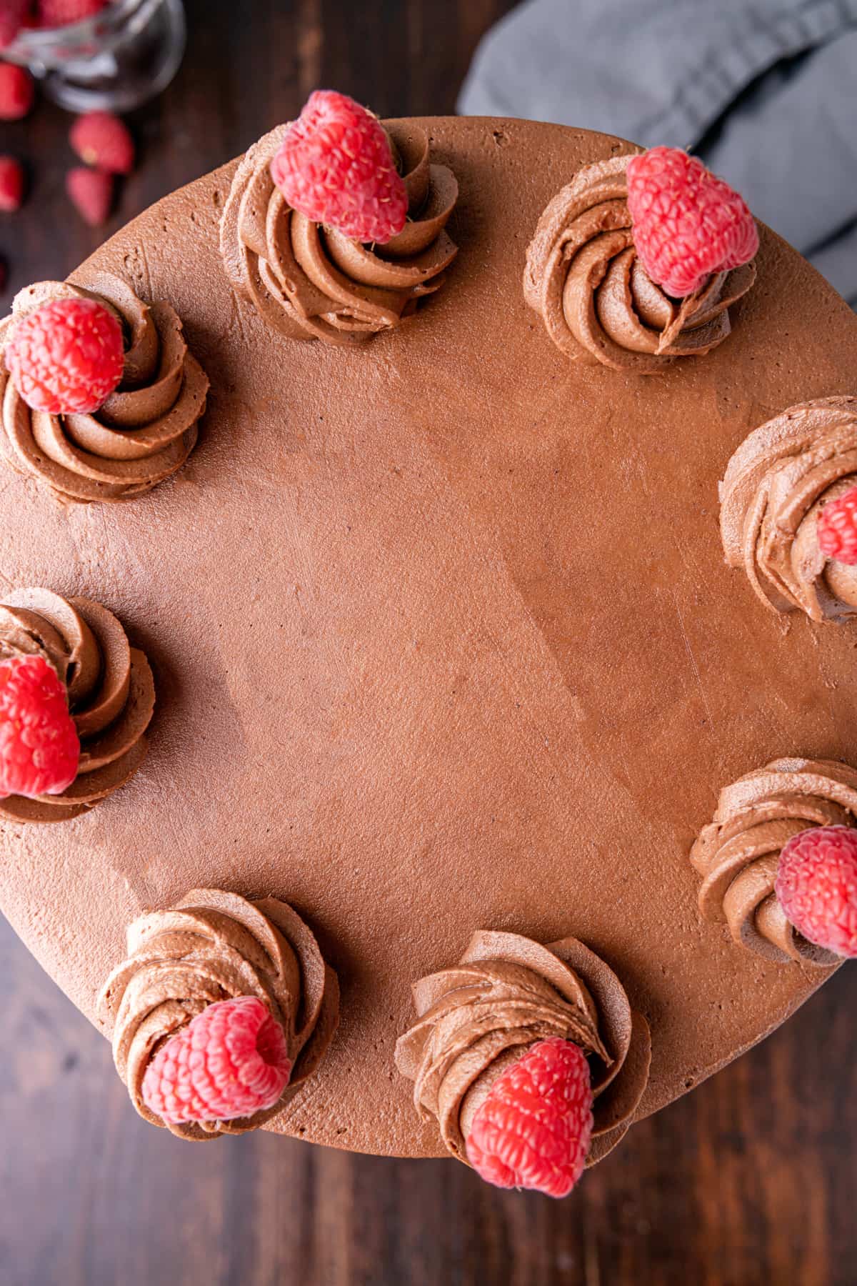 overhead view of chocolate raspberry cake.