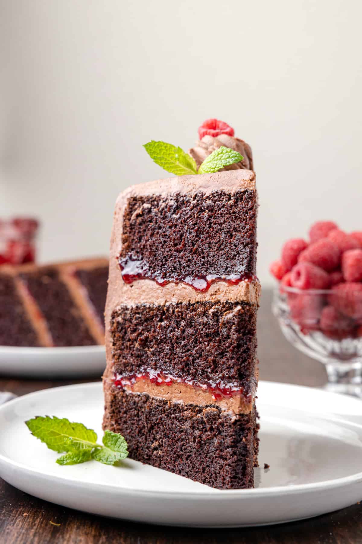 head on view of a slice of chocolate raspberry cake on a white plate with mint leaves.