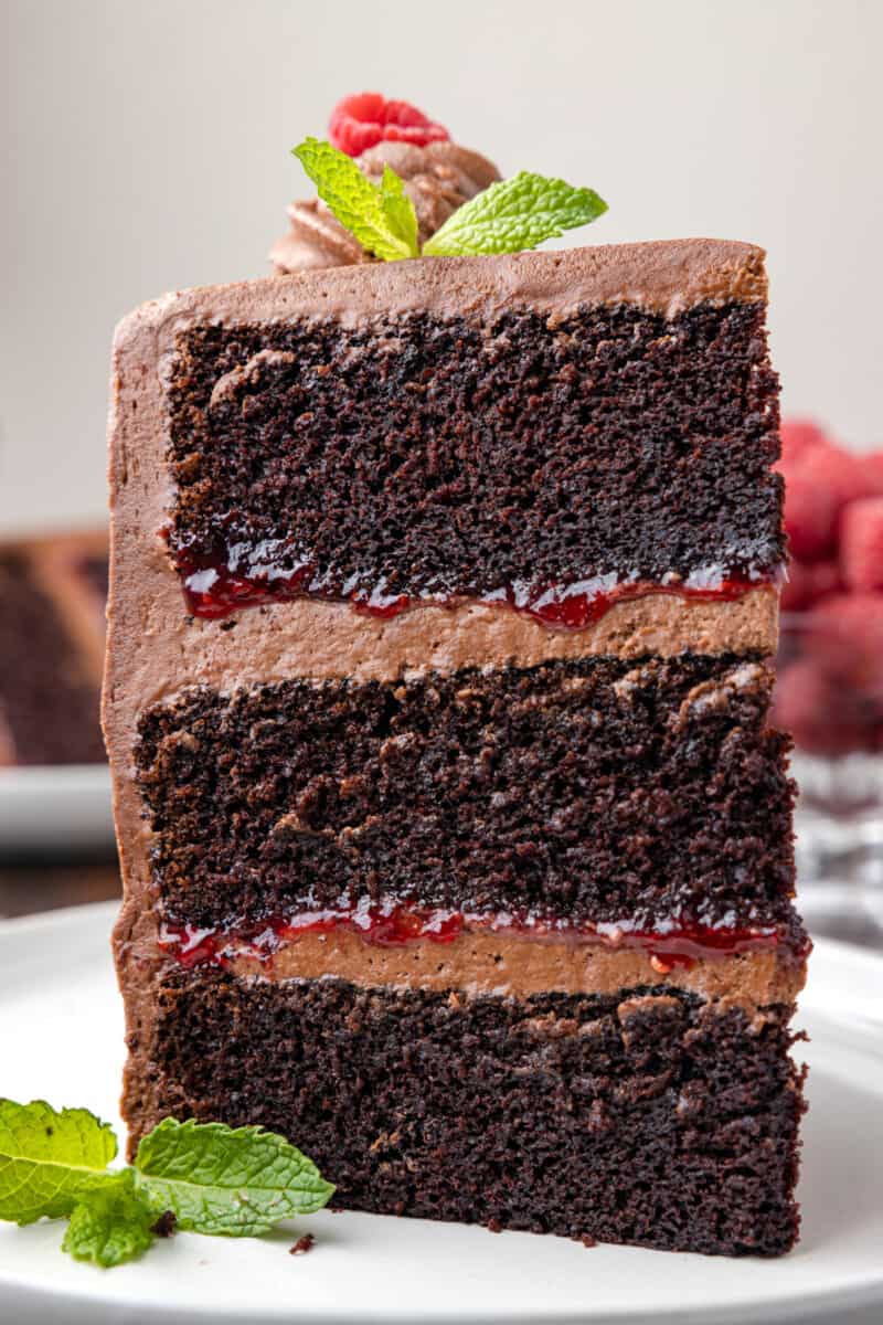 side view of a slice of chocolate raspberry cake on a white plate with mint leaves.