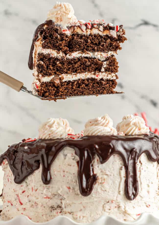 featured peppermint bark layer cake