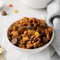 a bowl of chocolate peanut butter Chex mix