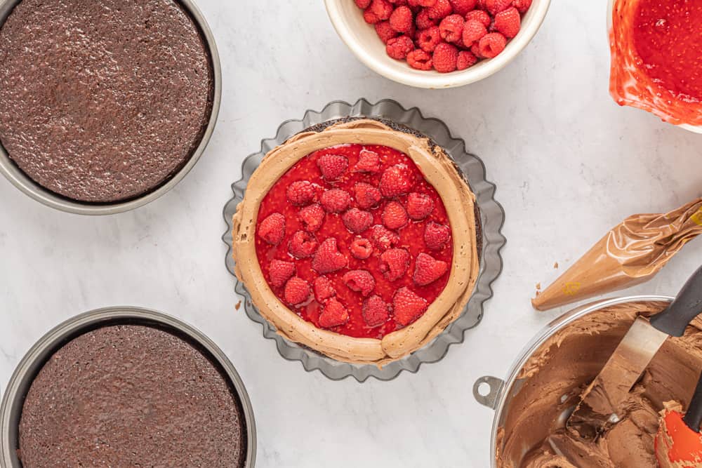 a cake with raspberries and chocolate frosting.