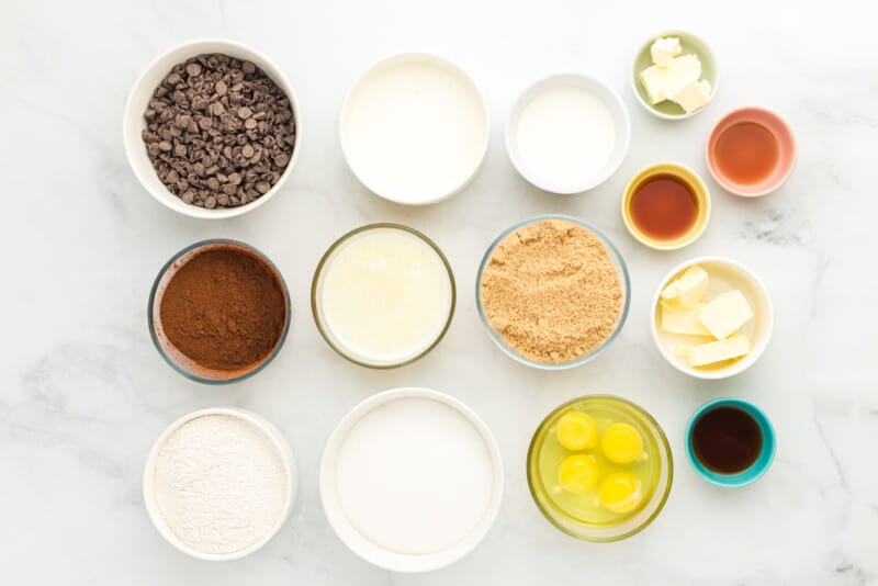 overhead view of ingredients for caramel brownies in individual bowls.