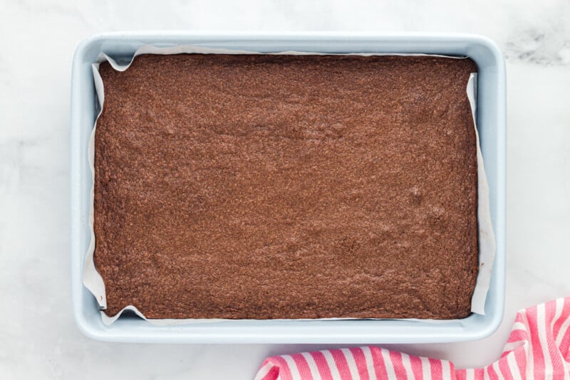 baked chocolate brownies in a rectangular baking pan.