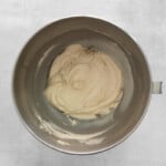 kahlua buttercream in a stainless mixing bowl.