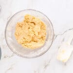 heart thumbprint cookie dough in a glass bowl.