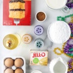 overhead view of ingredients for king cake poke cake.
