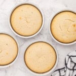 4 baked naked cake layers in round cake tins.