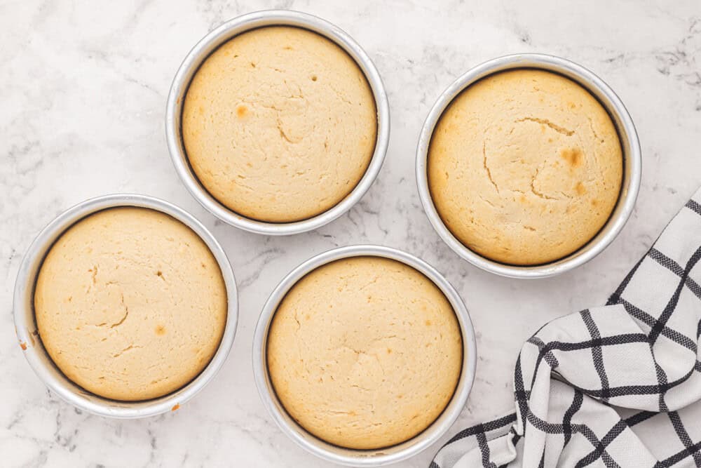 4 baked naked cake layers in round cake tins.