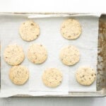 a tray of cookies on a white surface.