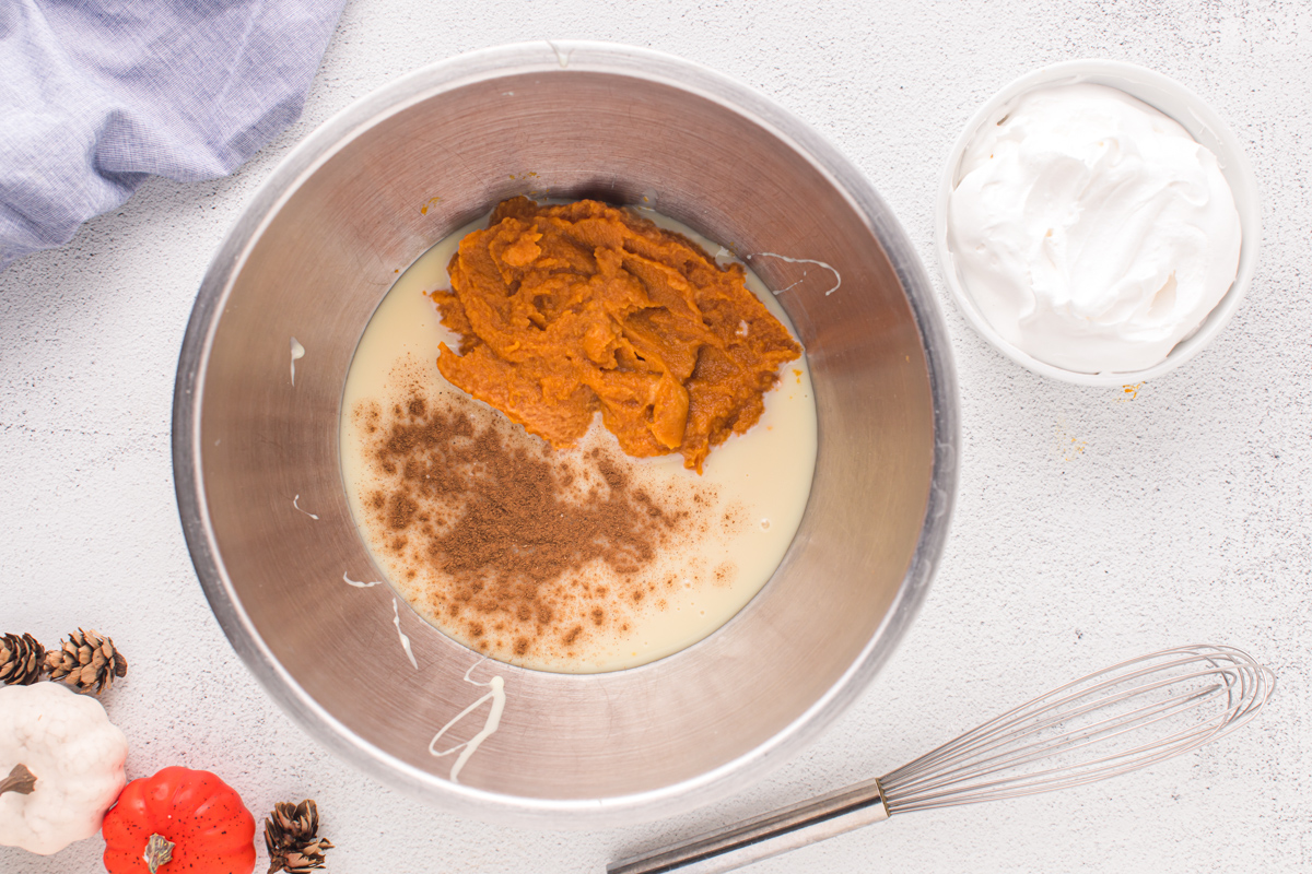 pumpkin ice cream ingredients in a mixing bowl, unmixed