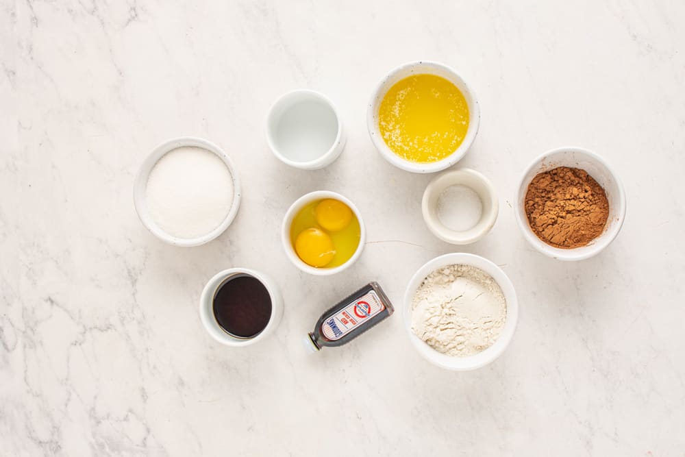 overhead view of ingredients for red velvet cheesecake brownies.