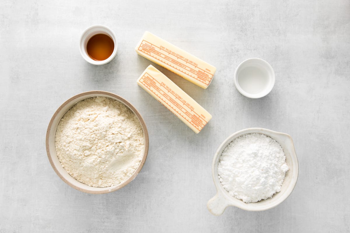 portioned ingredients for peppermint shortbread cookies.