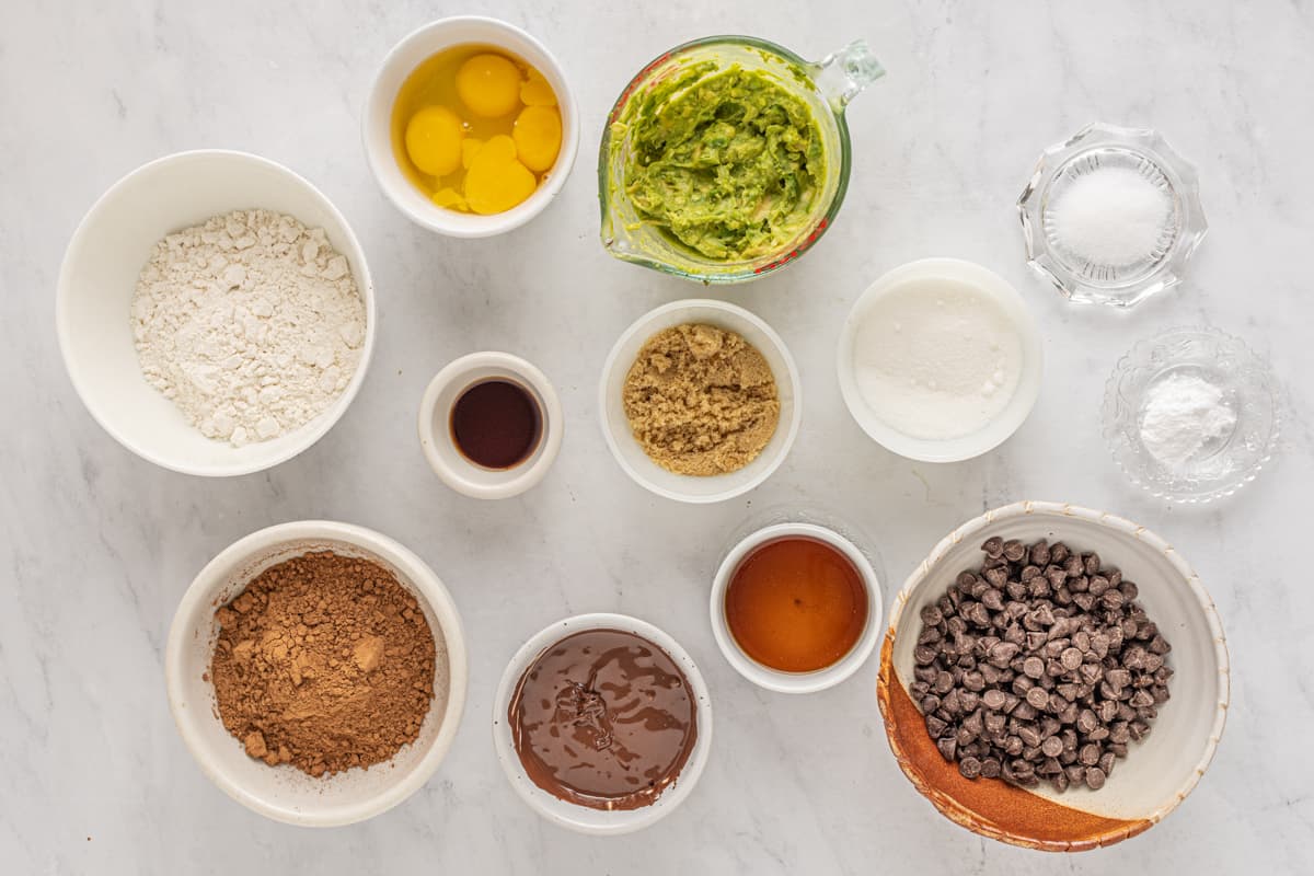 overhead view of ingredients for avocado brownies.