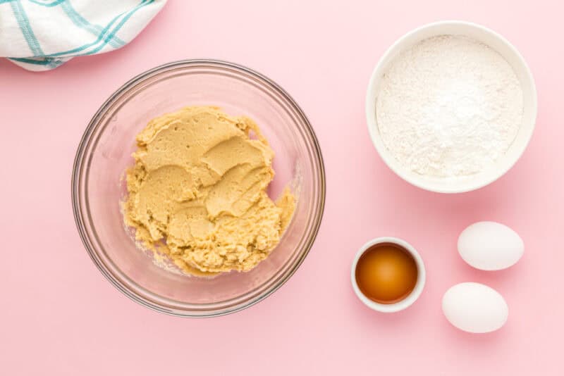 creamed butter and sugars in a glass bowl.