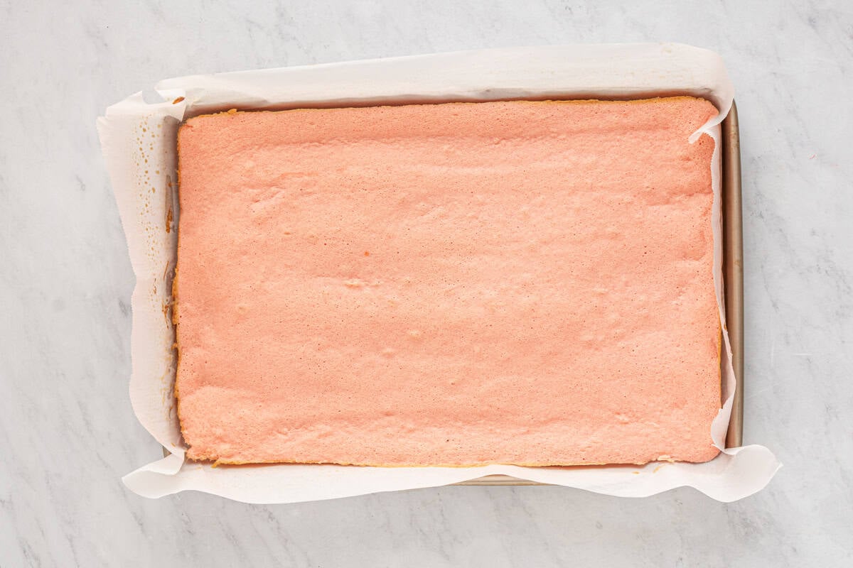 baked strawberry cake in a baking pan.