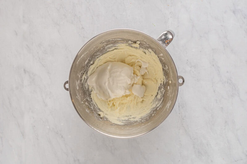 beaten sweetened cream cheese in a mixing bowl.