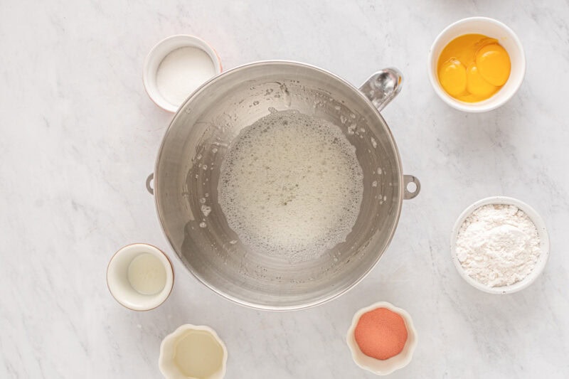 foamy egg whites in a mixing bowl.