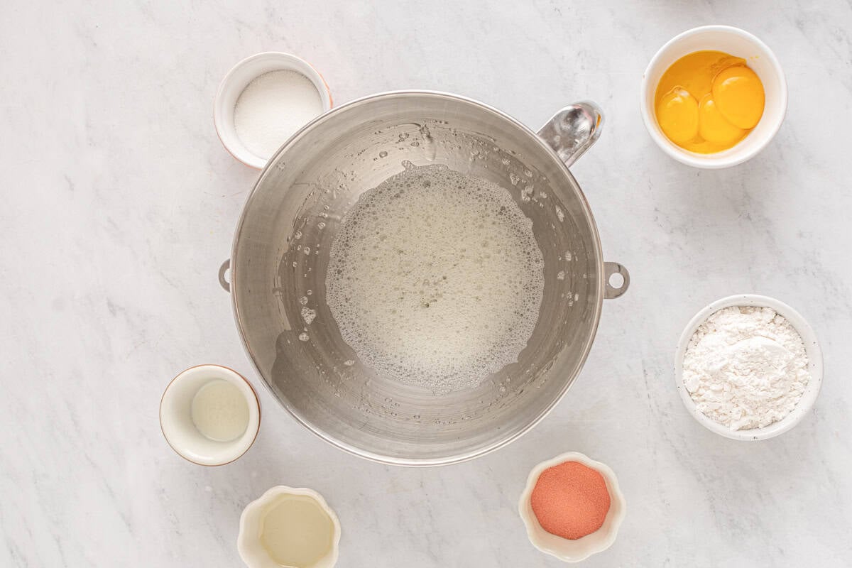 foamy egg whites in a mixing bowl.