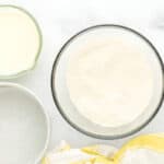 dry ingredients for lemon cake in a glass bowl.