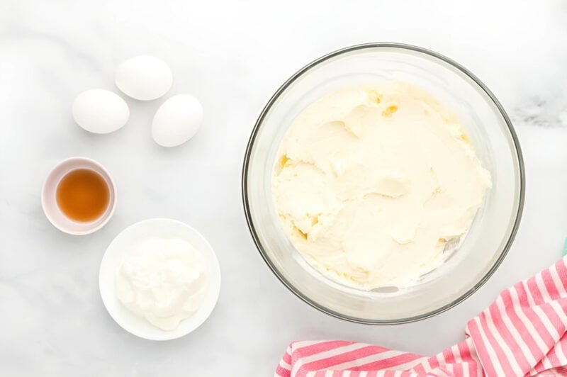 whipped cream cheese in a glass bowl.