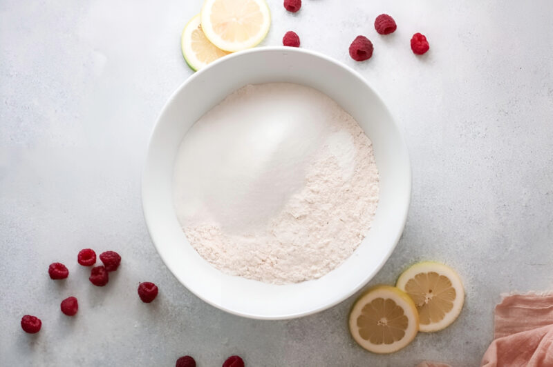 flour and sugar in a white bowl.