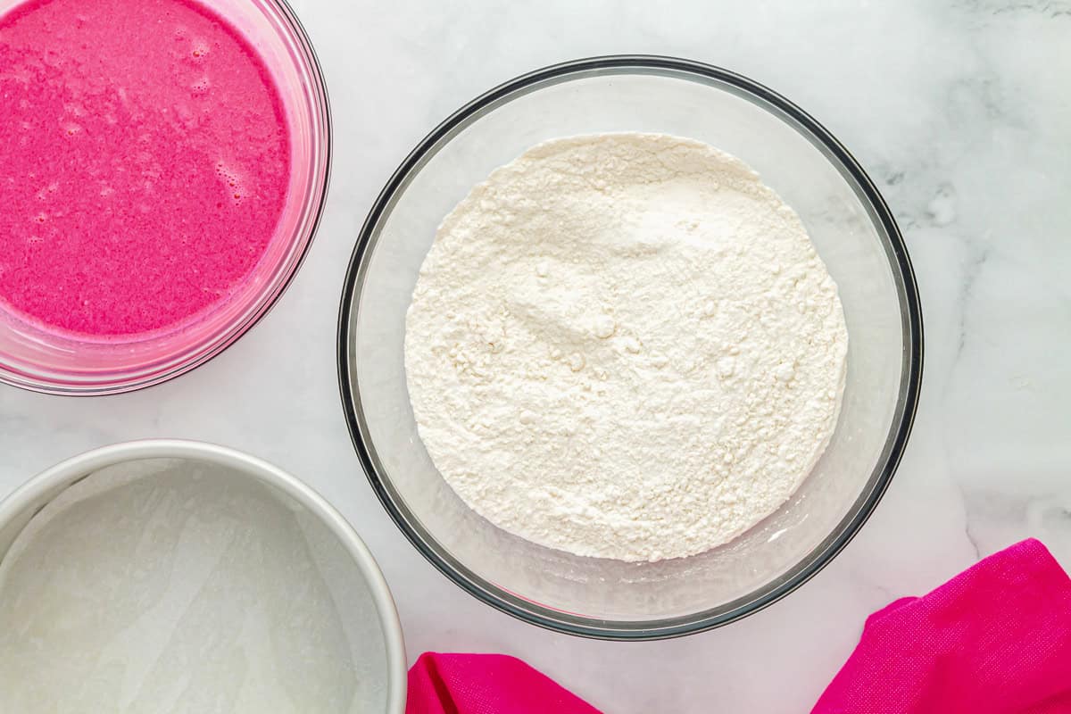 cake mix in a glass bowl.