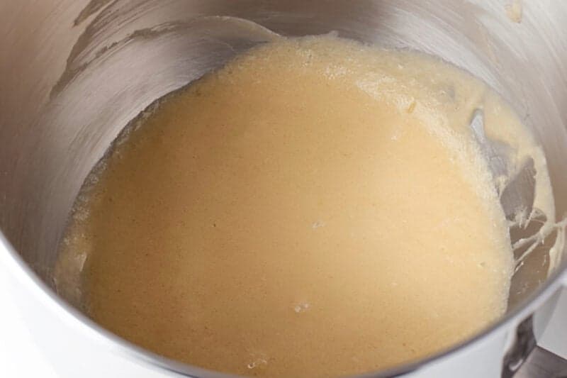 creamed butter, sugar, eggs, and vanilla in a stand mixer bowl.