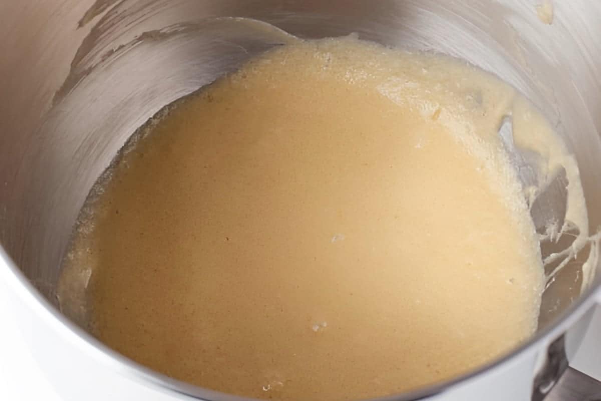 creamed butter, sugar, eggs, and vanilla in a stand mixer bowl.