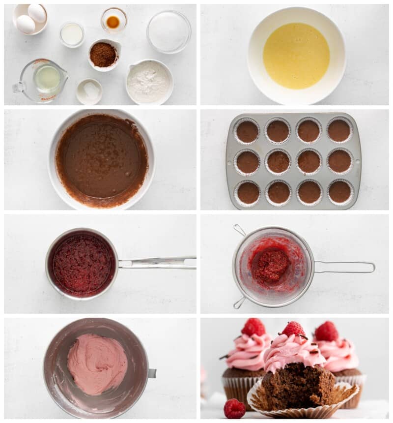 step by step photos for how to make chocolate raspberry cupcakes.