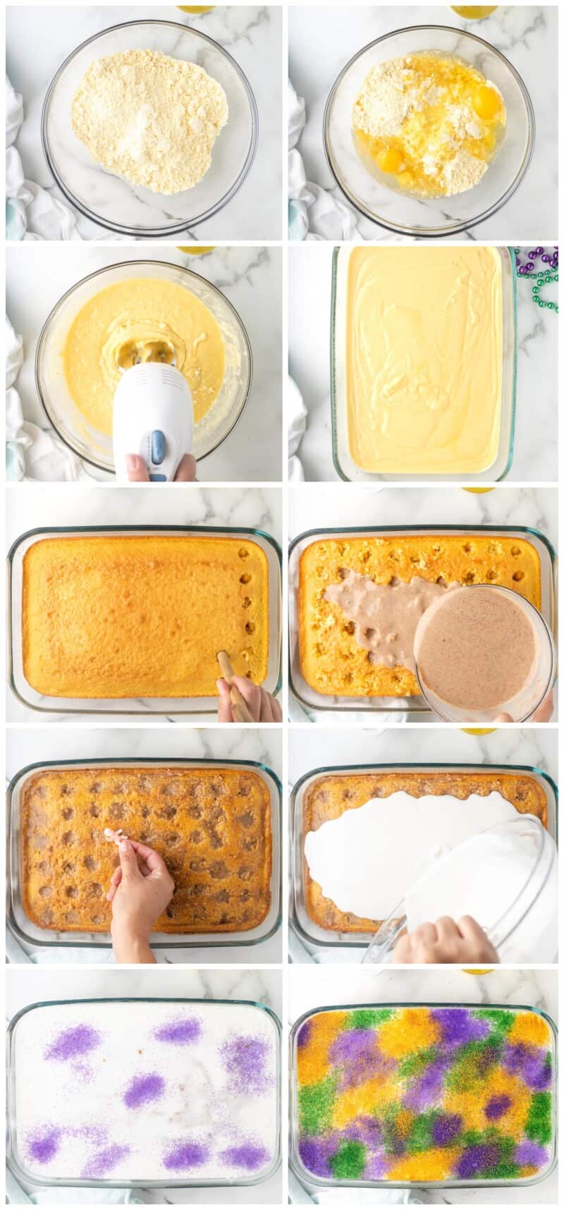 step by step photos for how to make king cake poke cake.