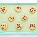 8 baked coconut chocolate chip cookies on a blue baking sheet.