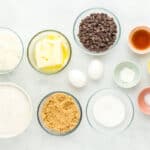 overhead view of ingredients for coconut chocolate chip cookies.