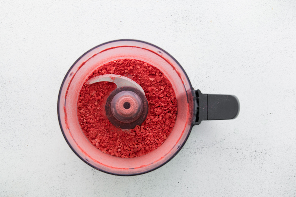 blended freeze-dried strawberries in a food processor.